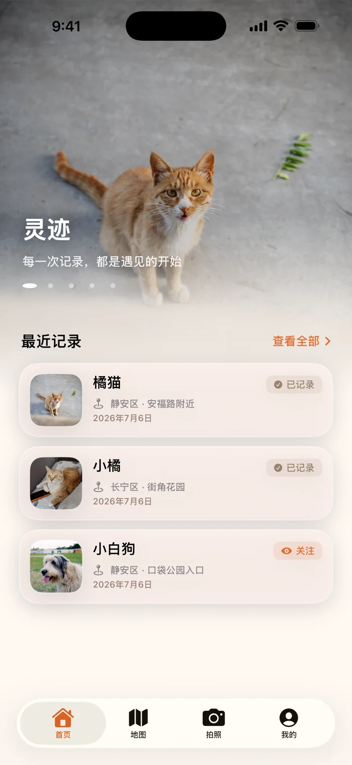 灵迹首页界面：顶部一张橘猫照片，下面是按时间排好的最近记录